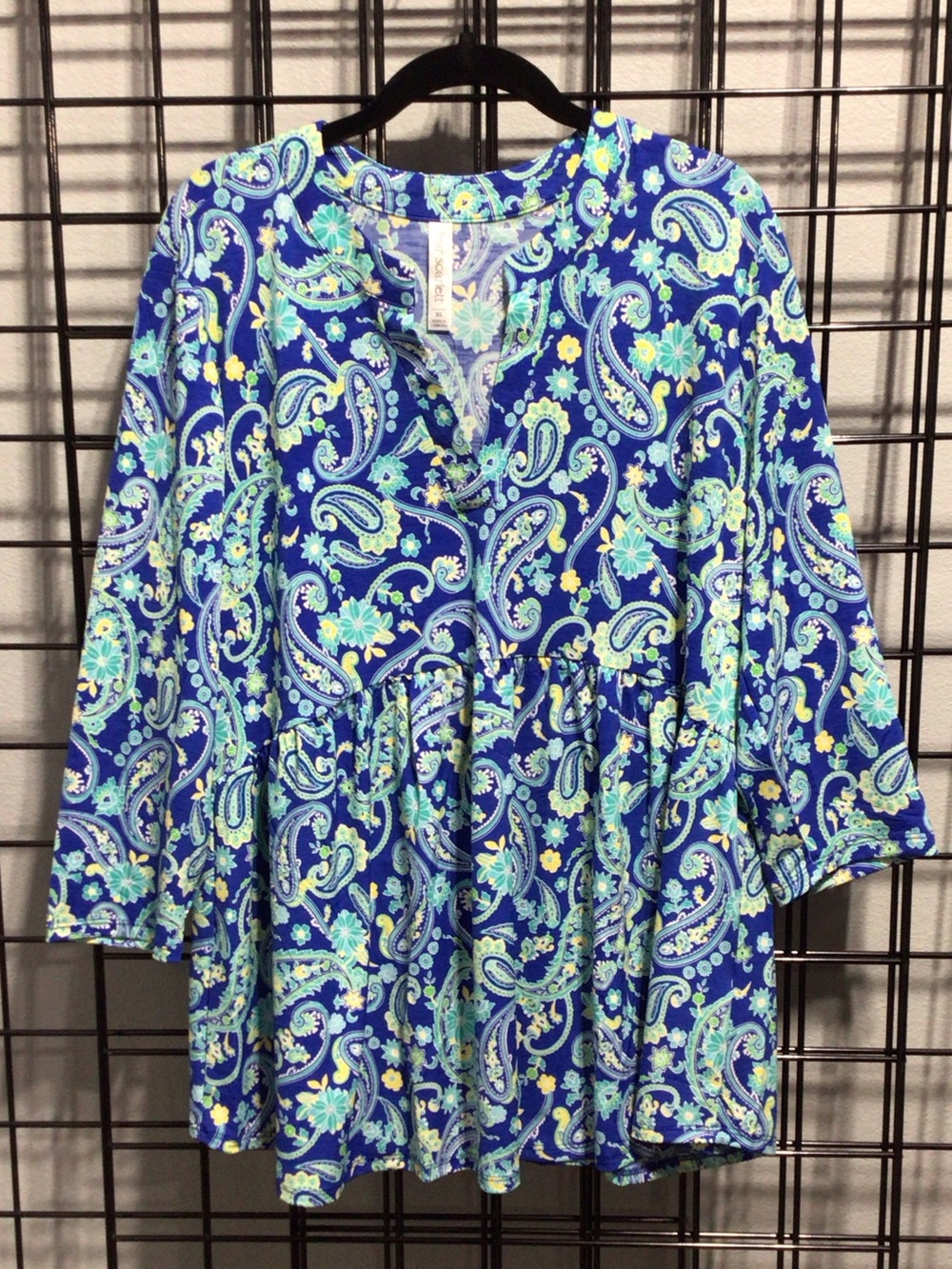 Paisley V-Neck Tunic in Royal Blue with Aqua & Yellow Accents